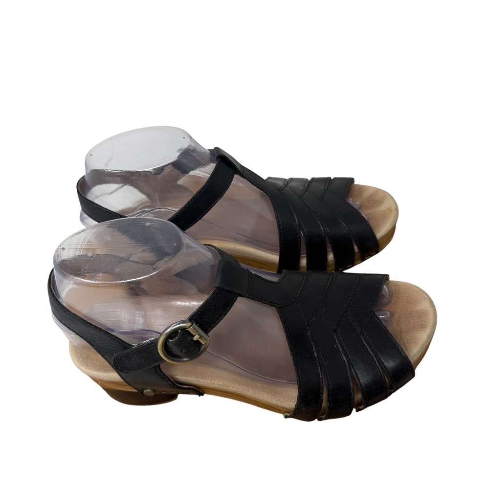 Dansko Mara Black Leather Clog Sandals T Strap Boho Comfort Womens 37 US 6.5-7